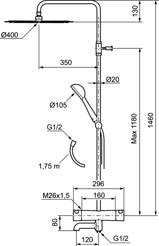 Takduschset Mora One Shower System Kit 160 c/c med badkarspip Online